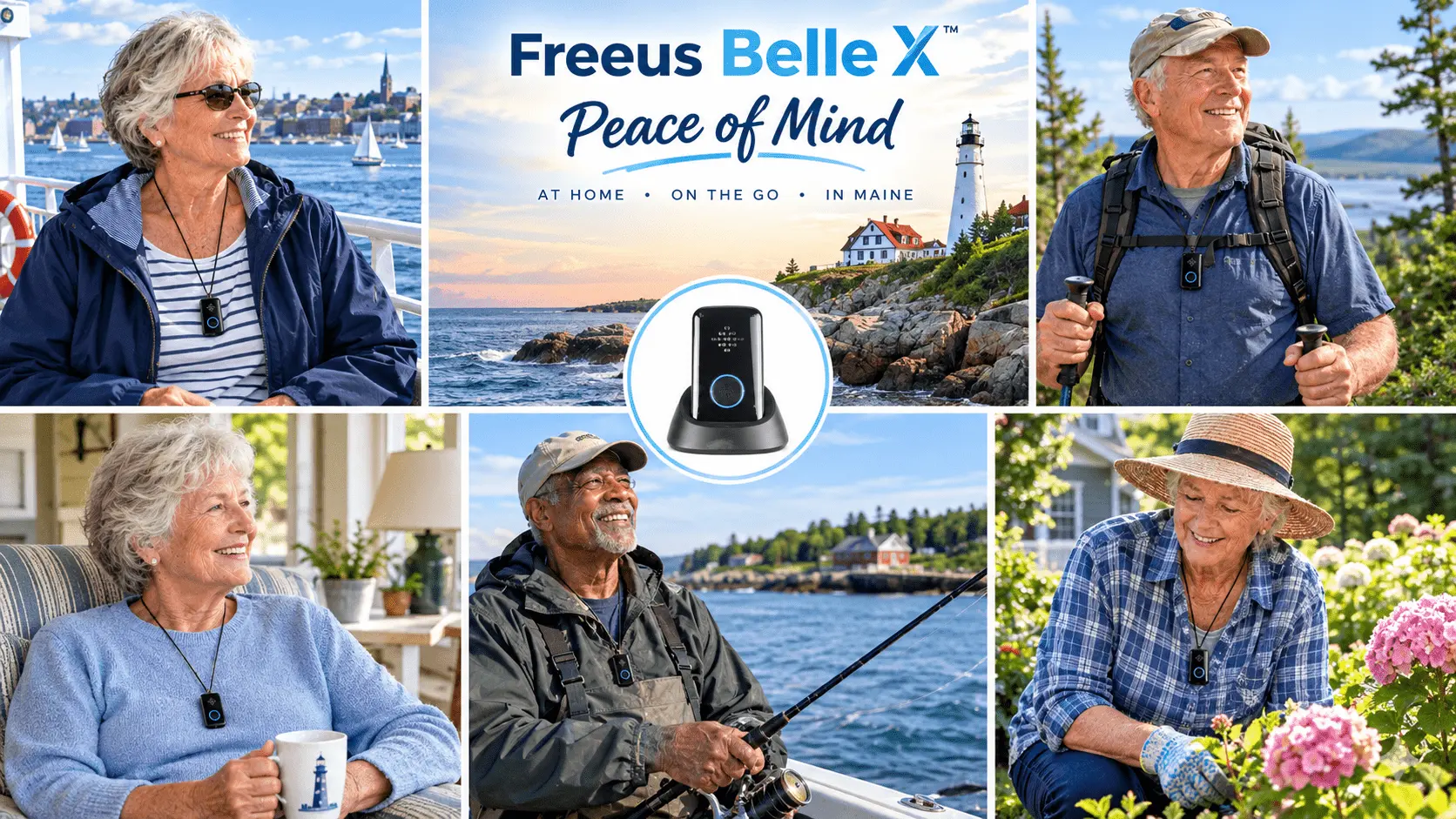Collage showcasing active seniors and the Freeus Belle X medical alert device, emphasizing safety and independence in Maine.