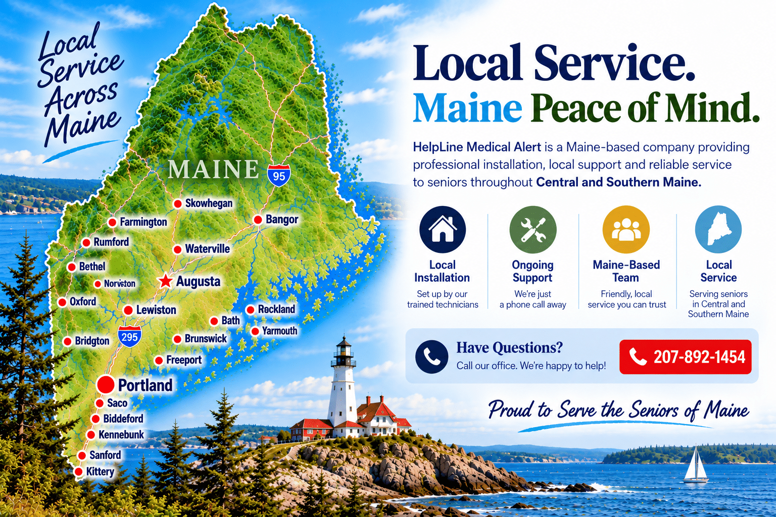 Illustrated Maine map and HelpLine Medical Alert local service information